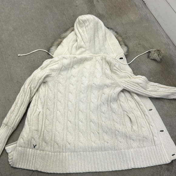 Vintage y2k Cream Cable Knit fishermen Hooded wool blend Cardigan with Fur Trim - Picture 9 of 9